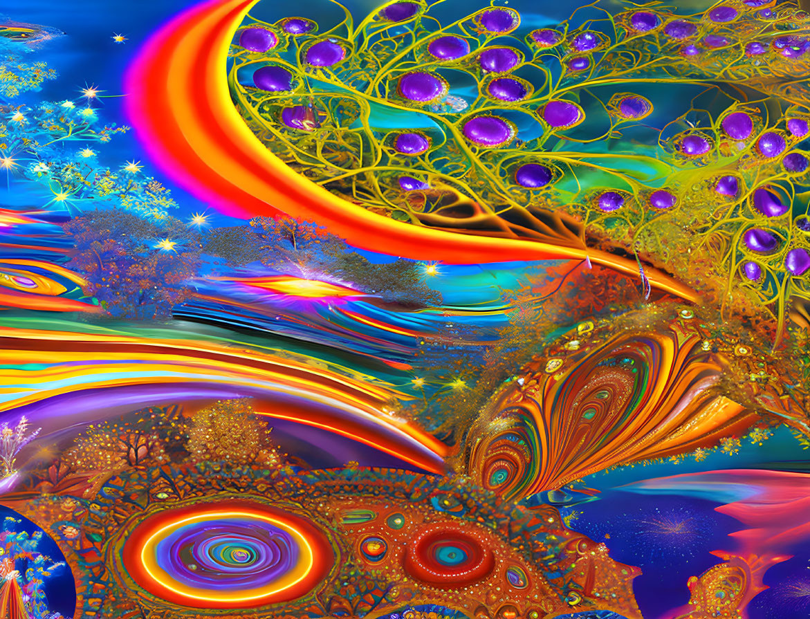 Colorful Psychedelic Artwork: Swirling Patterns, Crescent Moon, Tree-like Structures, Fr
