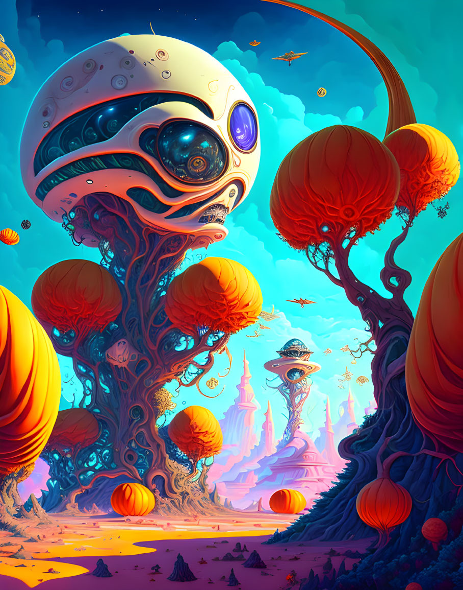 Colorful surreal landscape with orange trees, observatory, and floating islands