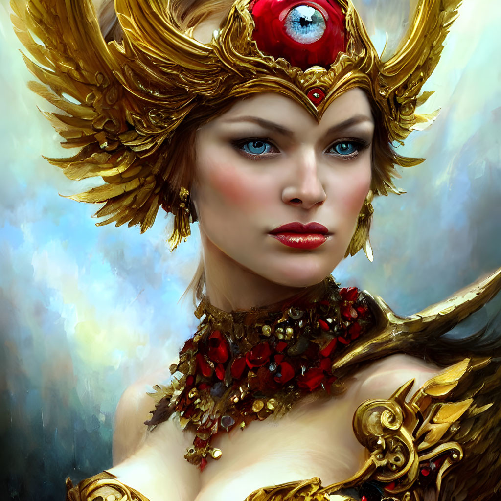 Woman in ornate golden armor with red gem, blue eyes, and blue backdrop.