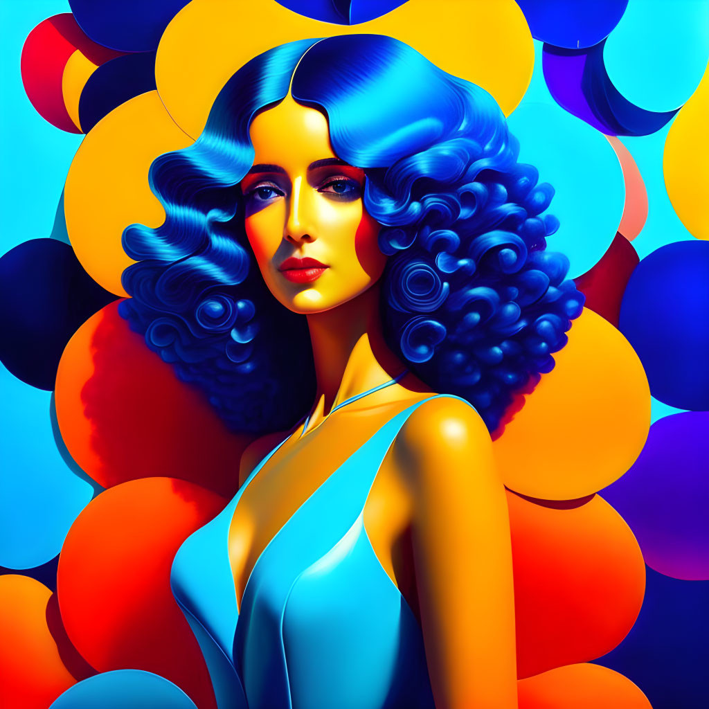 Colorful digital artwork: Woman with blue wavy hair and dress on abstract circle background