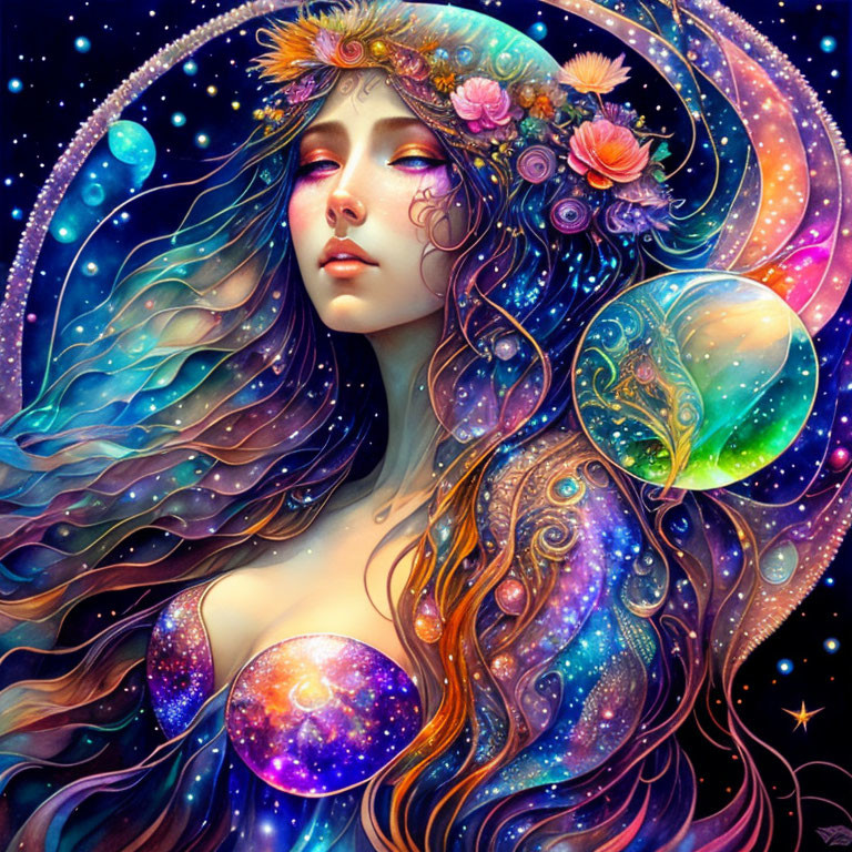 Vibrant cosmic woman illustration with stars, planets, and flowers