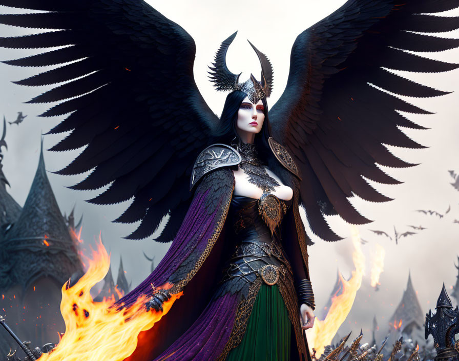 Fantasy art of majestic woman with black wings and flame in misty landscape