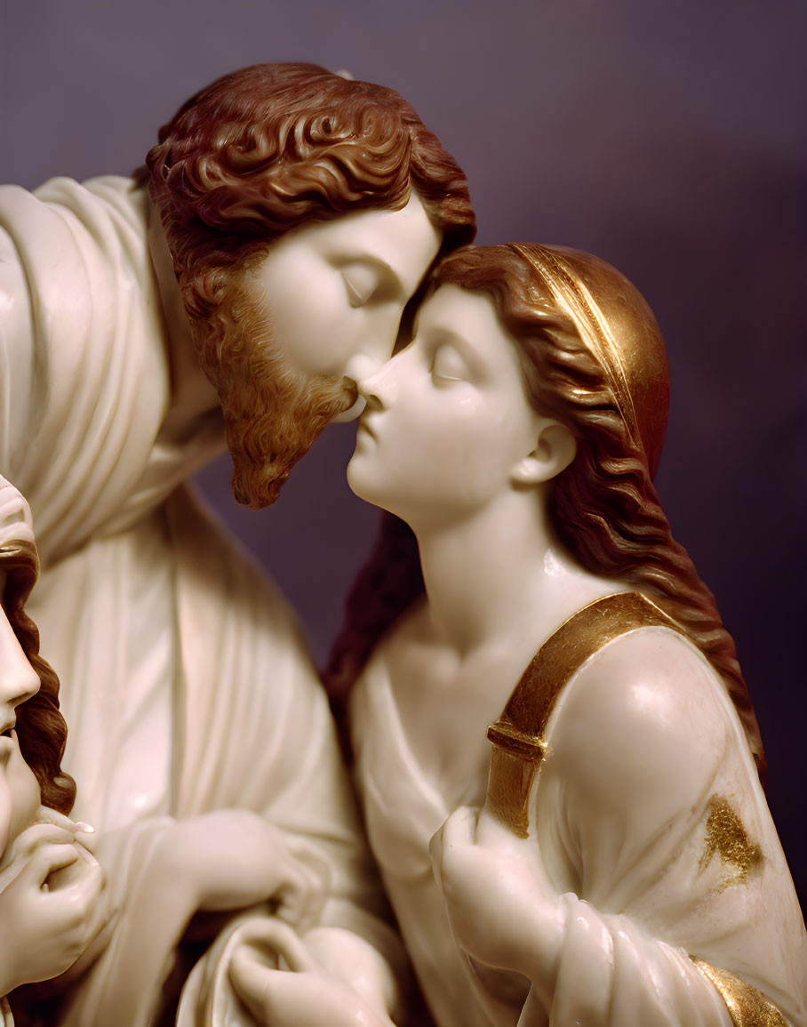Detailed porcelain figurine of two individuals sharing a tender kiss
