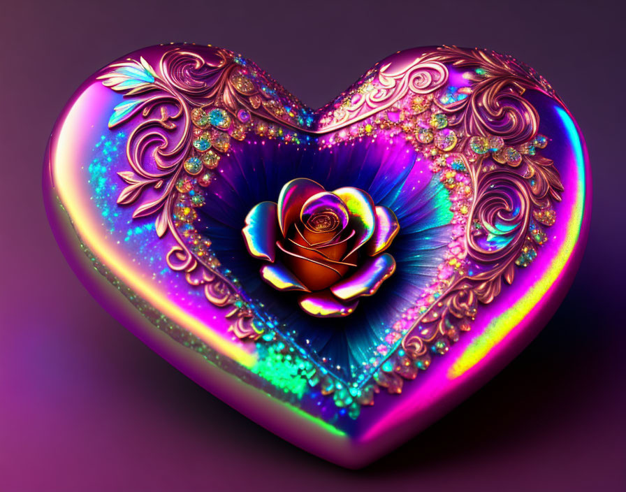 Colorful 3D heart with swirls, jewels, and rose on purple gradient