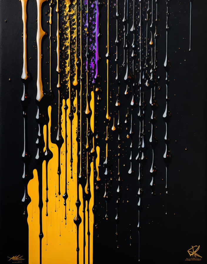 Vertical Drip Abstract Painting in White, Gold, and Purple on Black Background