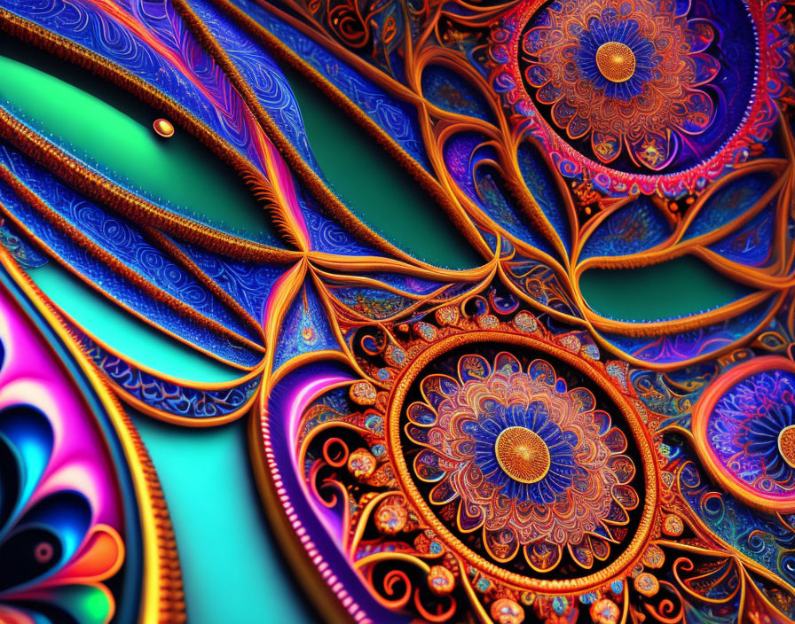 Colorful Fractal Art with Swirling Patterns in Blue, Orange, and Purple