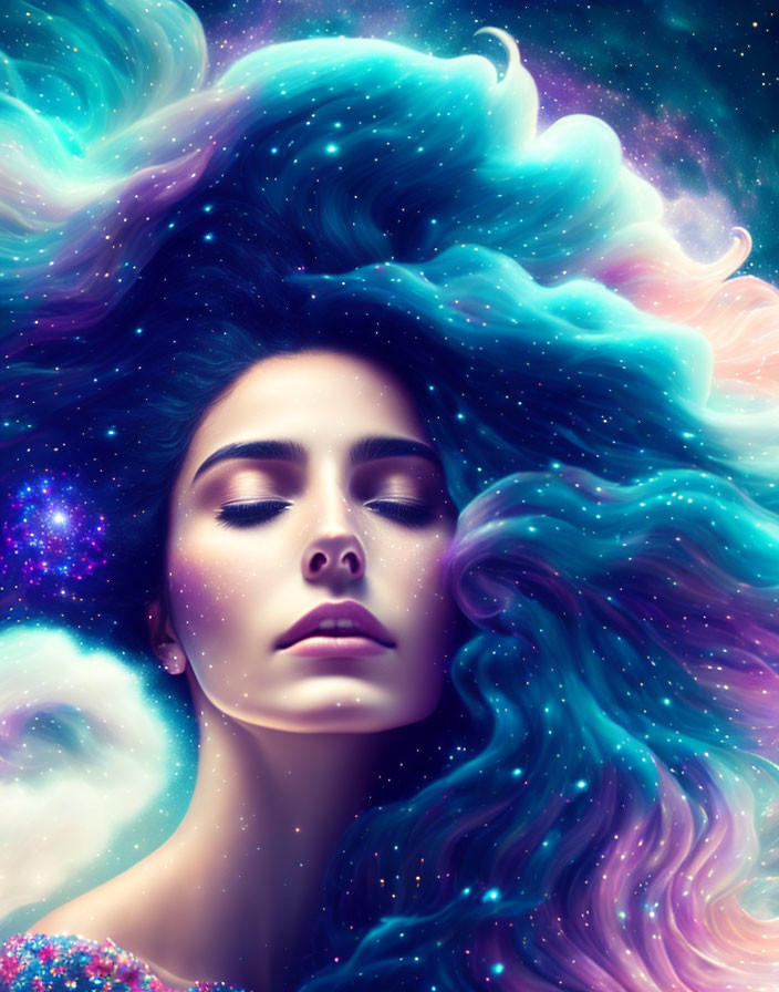 Woman with flowing hair in cosmic galaxy of stars and nebulae