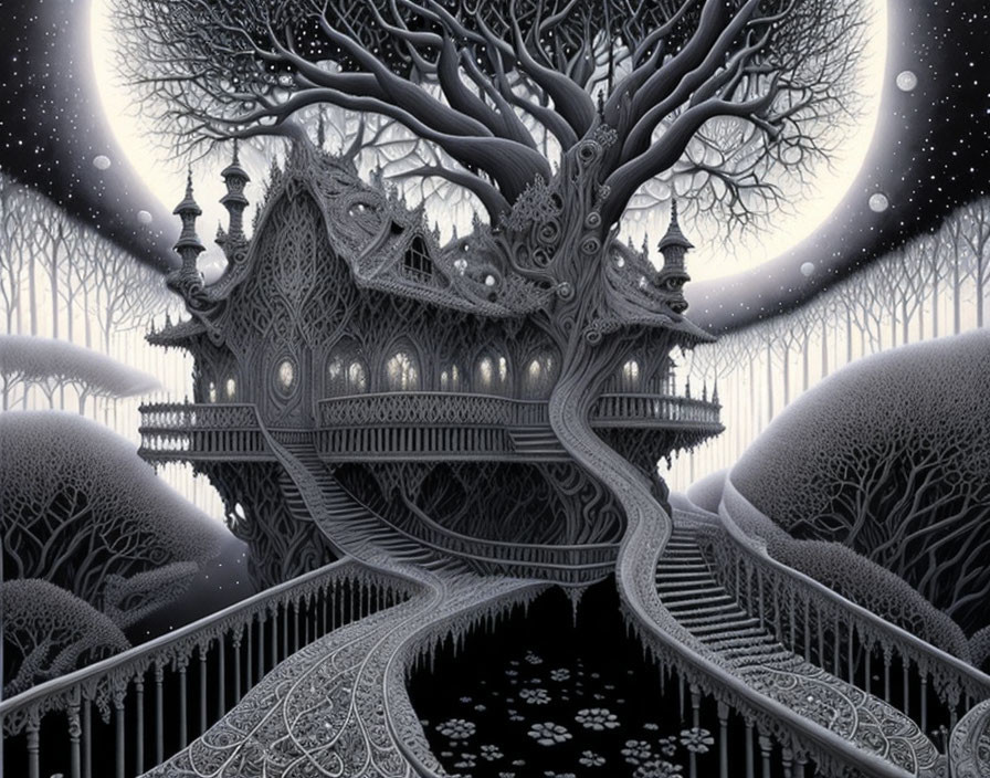 Monochromatic fantasy artwork of intricate treehouse in starry forest