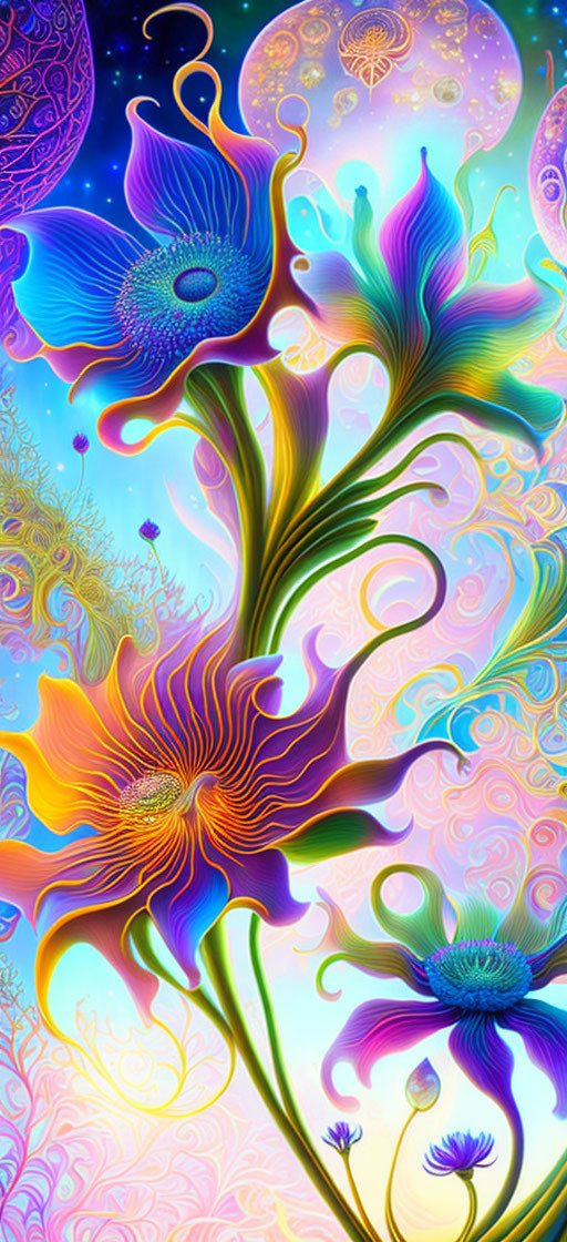 Colorful psychedelic digital artwork with vibrant flowers and cosmic backdrop