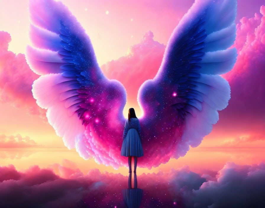 Person standing on platform with heart-shaped wings above clouds