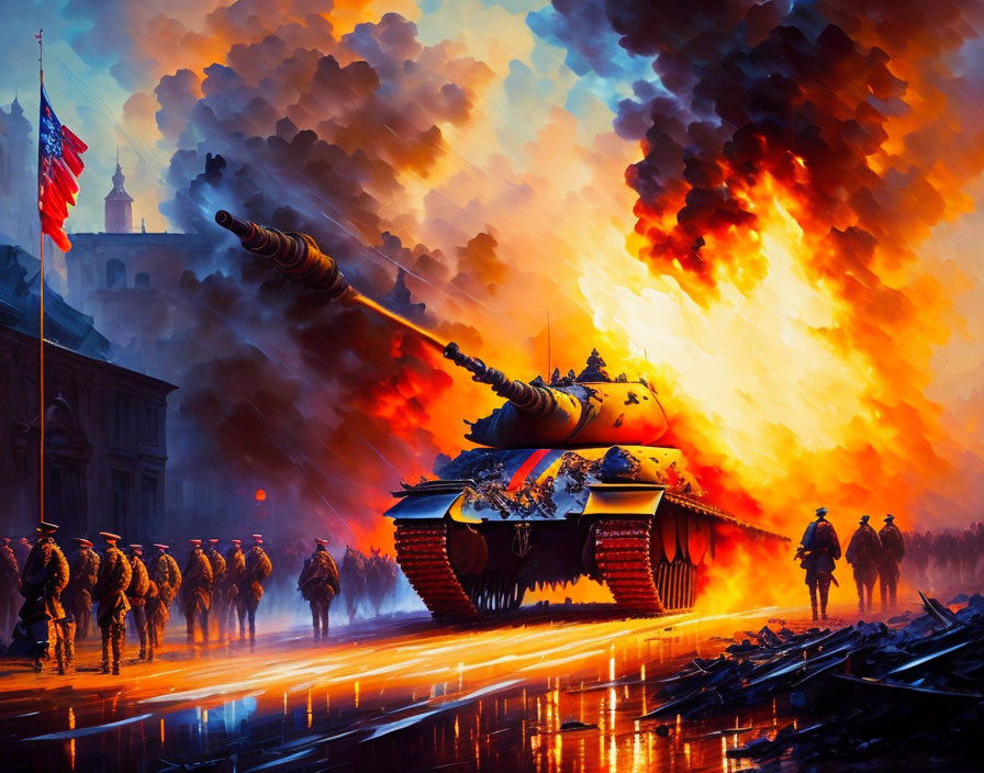 Military parade artwork: soldiers, tanks, flags, fiery skies