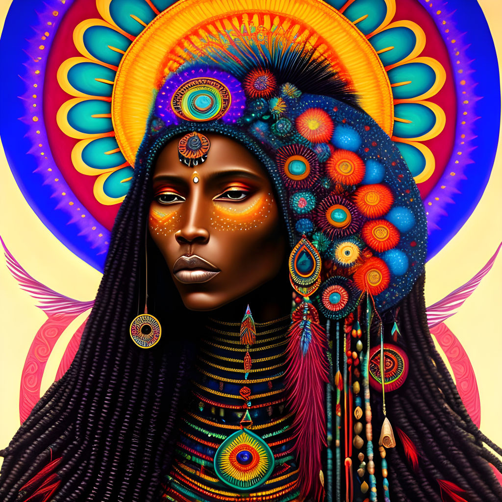 Colorful digital artwork of a woman adorned with tribal accessories and a majestic headdress.