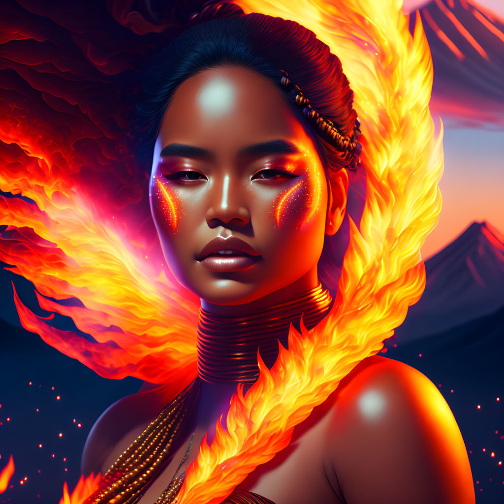 Digital Artwork: Woman with Fiery Wings and Glowing Eyes in Volcanic Landscape