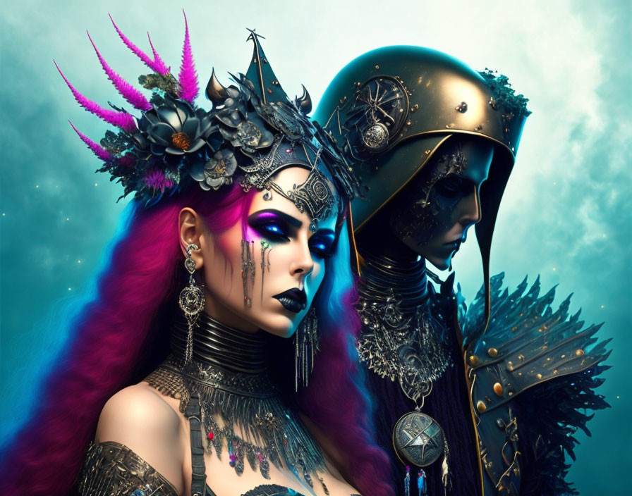 Elaborate Fantasy Costumes with Metallic Headpieces and Vibrant Makeup