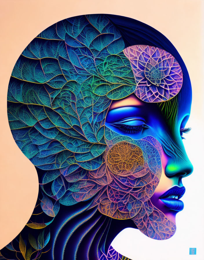 Colorful Leaf-Patterned Woman Profile on Gradient Background