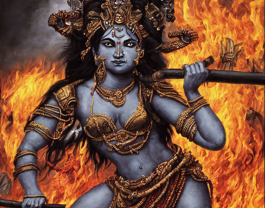 Blue-skinned deity in golden armor with multiple arms and weapon, standing amidst flames
