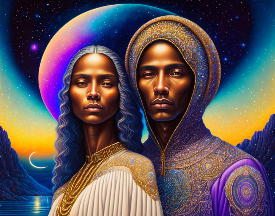 Stylized portraits in cosmic and African attire with moon and stars background