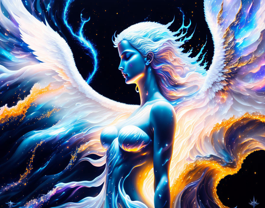 Digital Art: Blue Woman with Flowing Hair and Fiery Wings on Cosmic Background