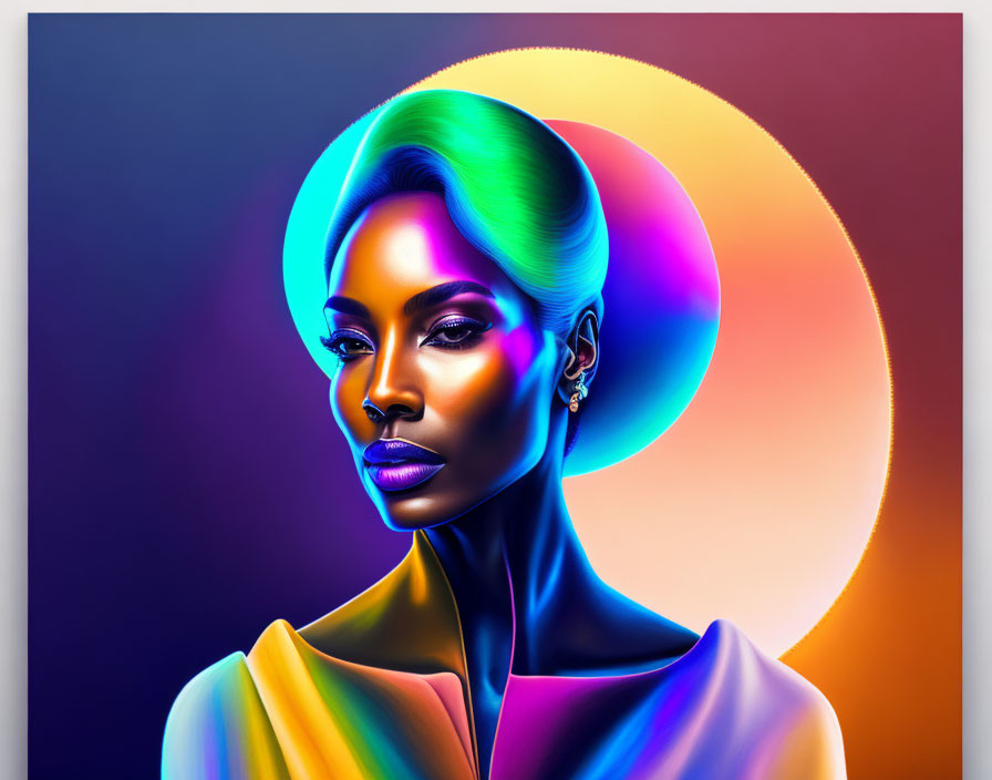 Colorful Digital Portrait of Woman with Neon Halo