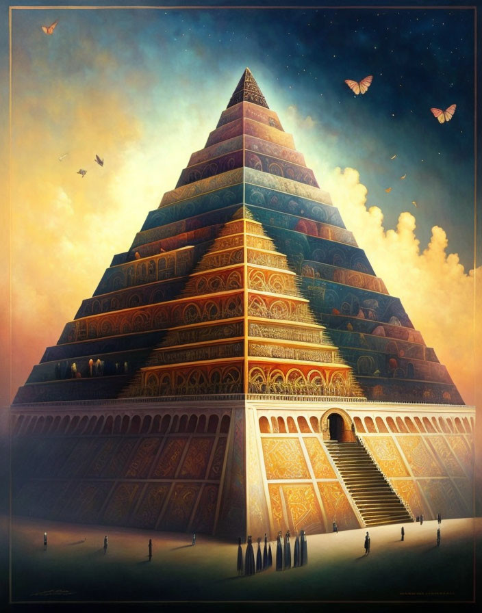 Vibrant Pyramid with Ornate Details Under Dreamy Sky