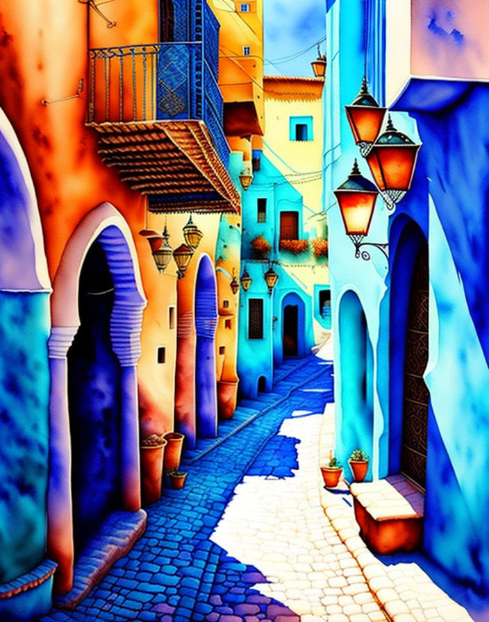 Colorful painting of Mediterranean alley with blue walls, arched doorways, lanterns, and plants