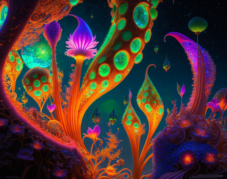 Colorful Fantasy Landscape with Glowing Plants and Ethereal Elements