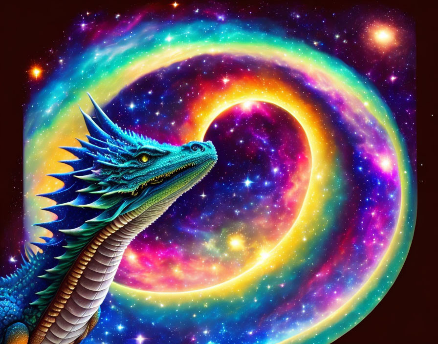 Blue dragon digital art: cosmic galaxy backdrop, vibrant scales