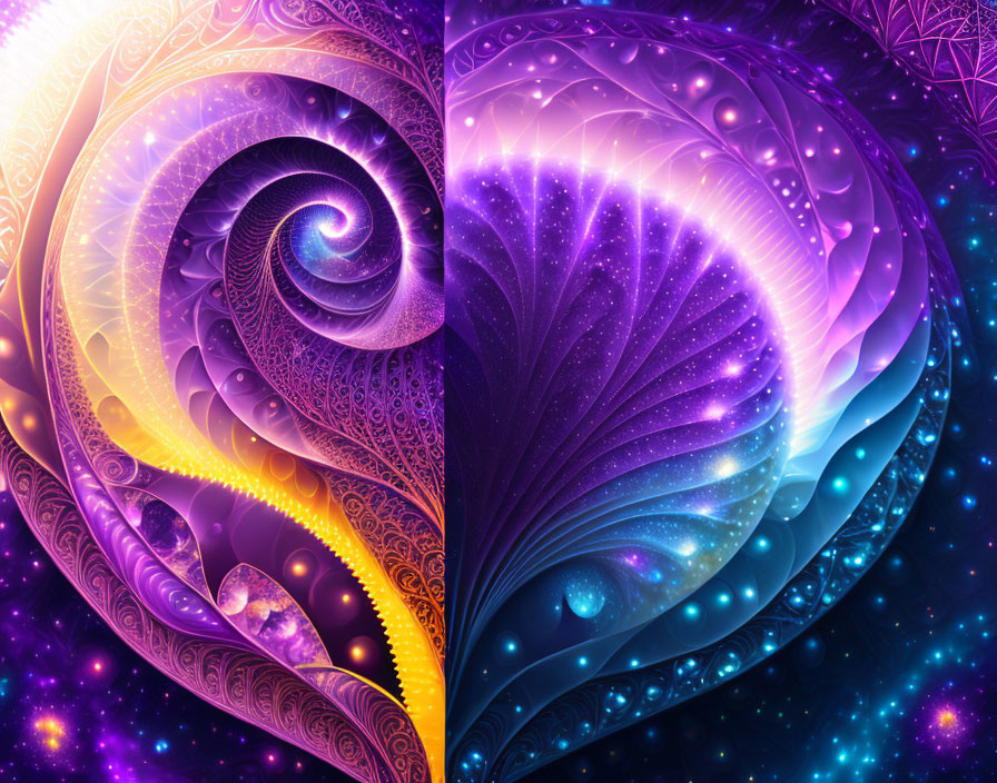 Cosmic spiral digital artwork in purple and gold hues