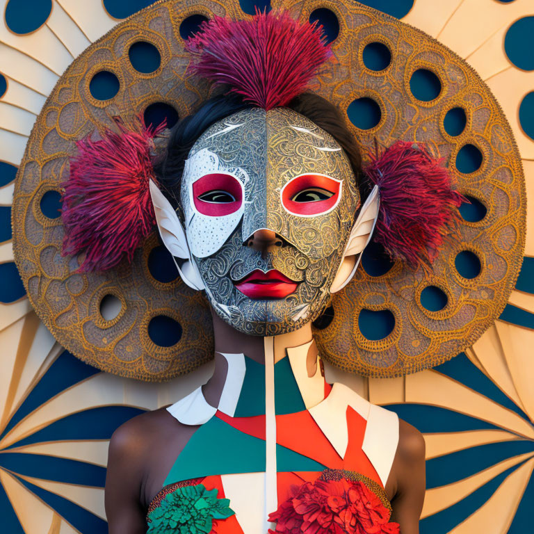 Ornate Mask with Red Accents and Golden Headdress Displayed