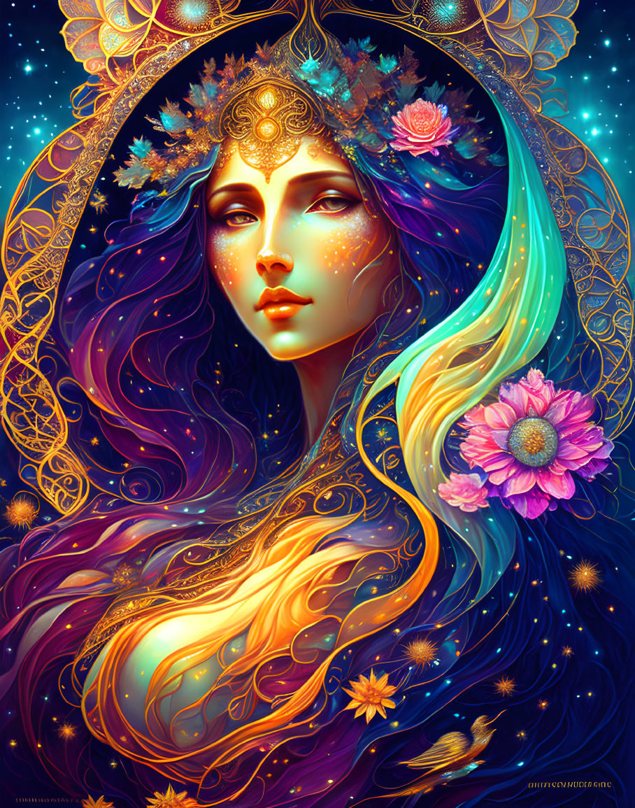 Mystical woman with flowing floral hair and cosmic motifs in vibrant colors.