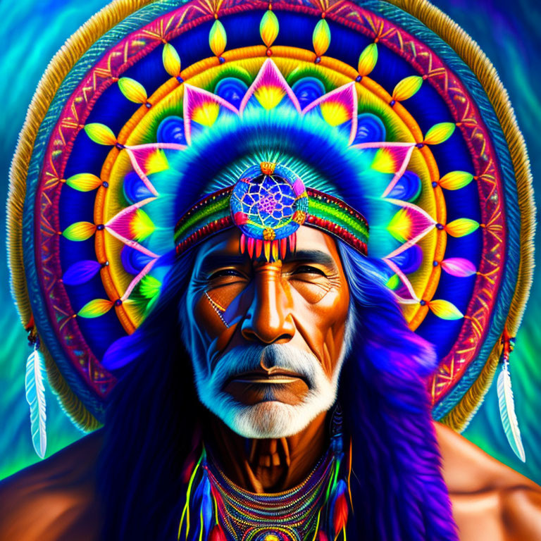 Colorful digital artwork: Native American chief in feathered headdress