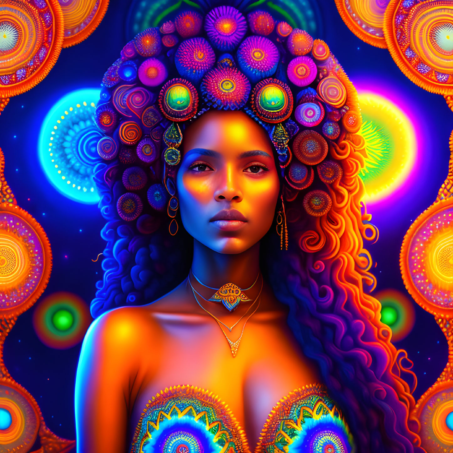 Colorful digital art portrait of a woman with psychedelic patterns and glowing colors.