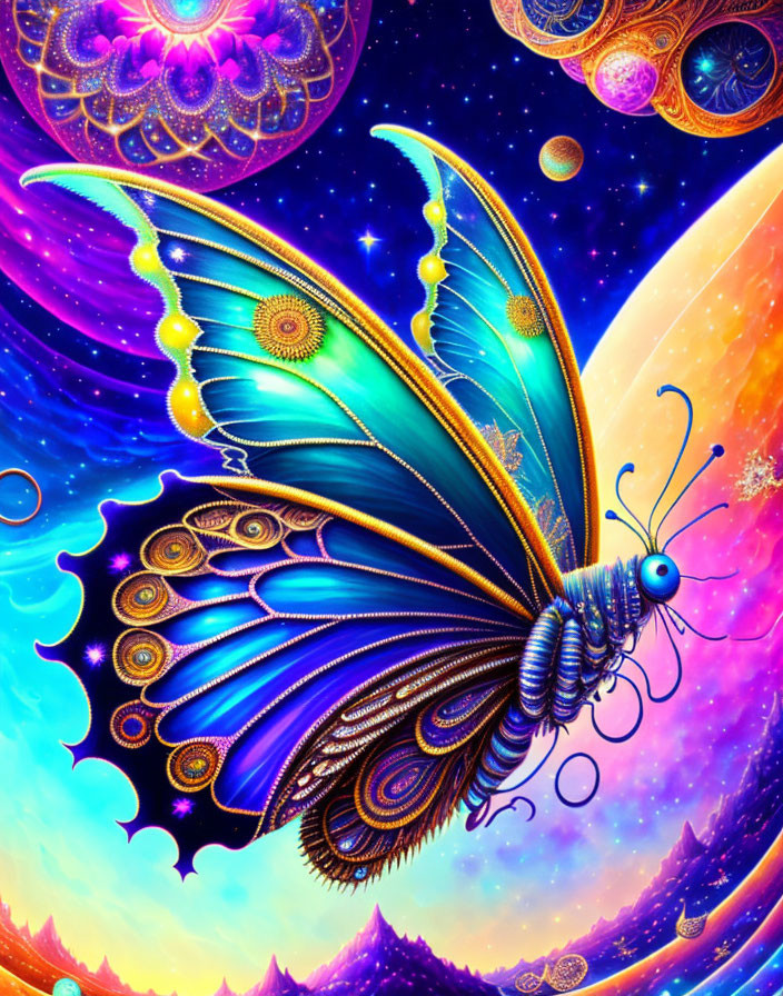 Colorful Stylized Butterfly Art Against Cosmic Background