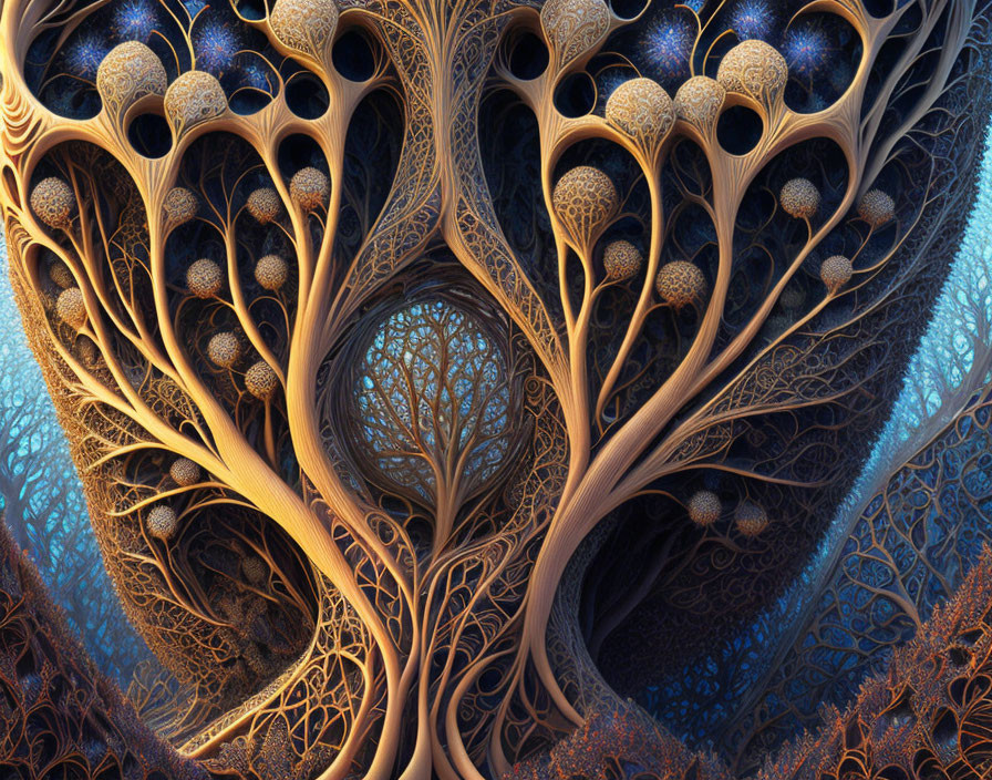 Intricate surreal fractal image of tree with branching patterns