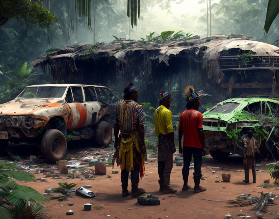 Three people in traditional attire surveying abandoned site with wrecked cars.