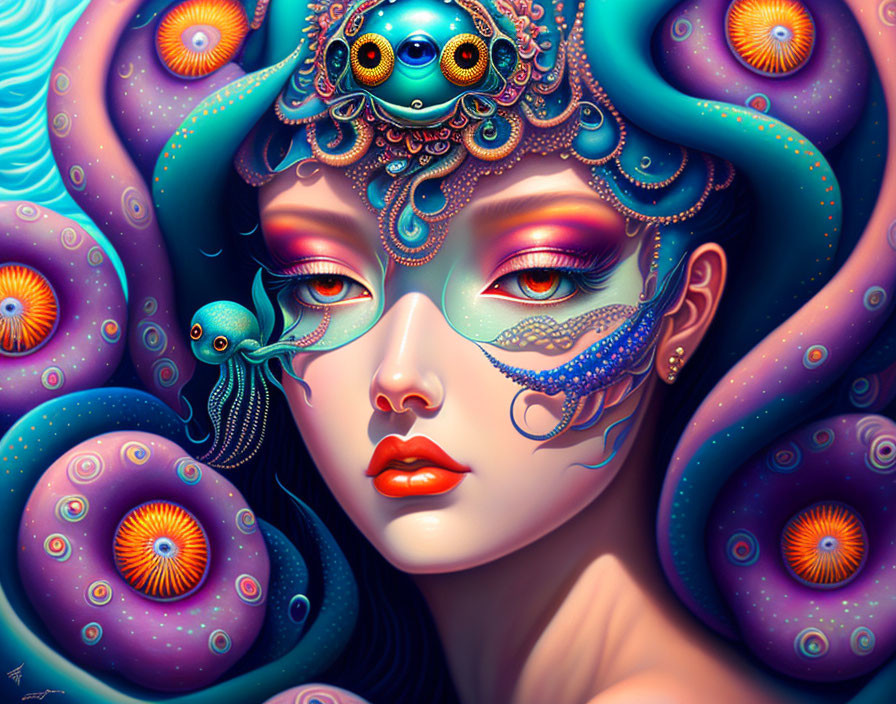 Colorful portrait of woman with fantasy makeup and marine life motifs