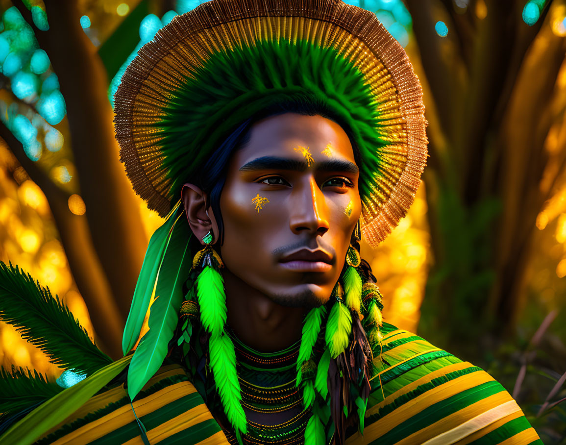 Person with Majestic Feather Headdress in Vibrant Green and Gold Colors