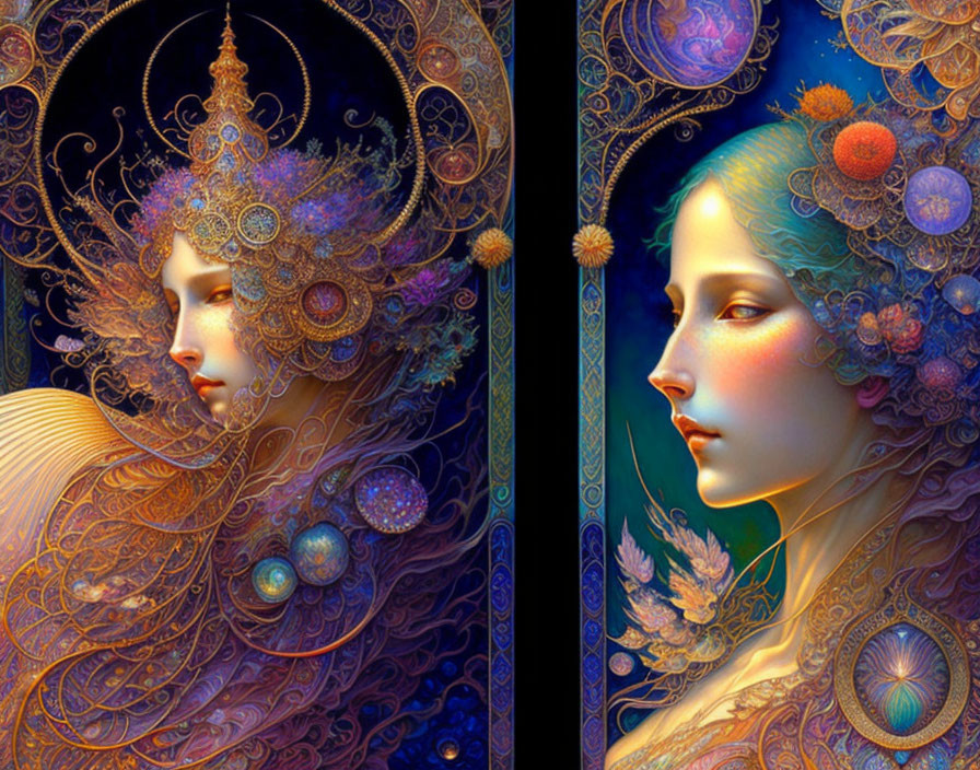 Ethereal female figures with cosmic headdresses on dark background