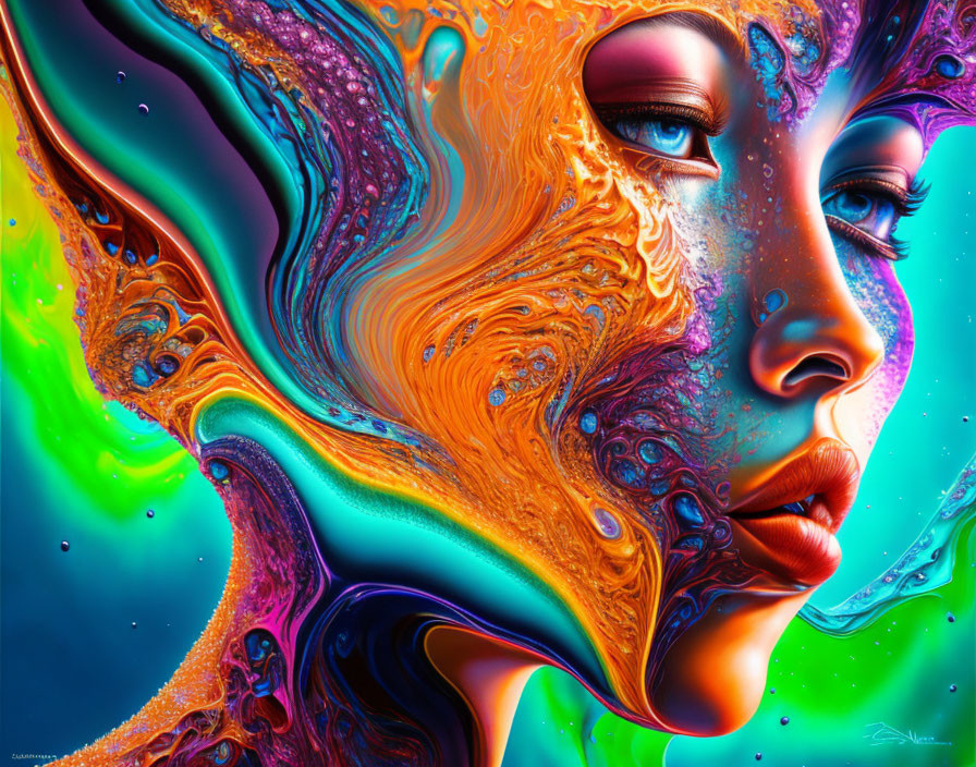 Colorful digital artwork: Woman's face blending with swirling metallic patterns