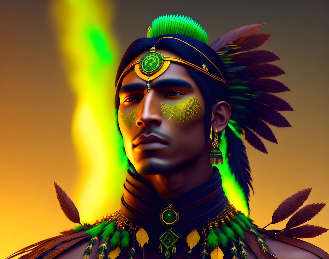 Stylized male figure in indigenous attire against flame backdrop