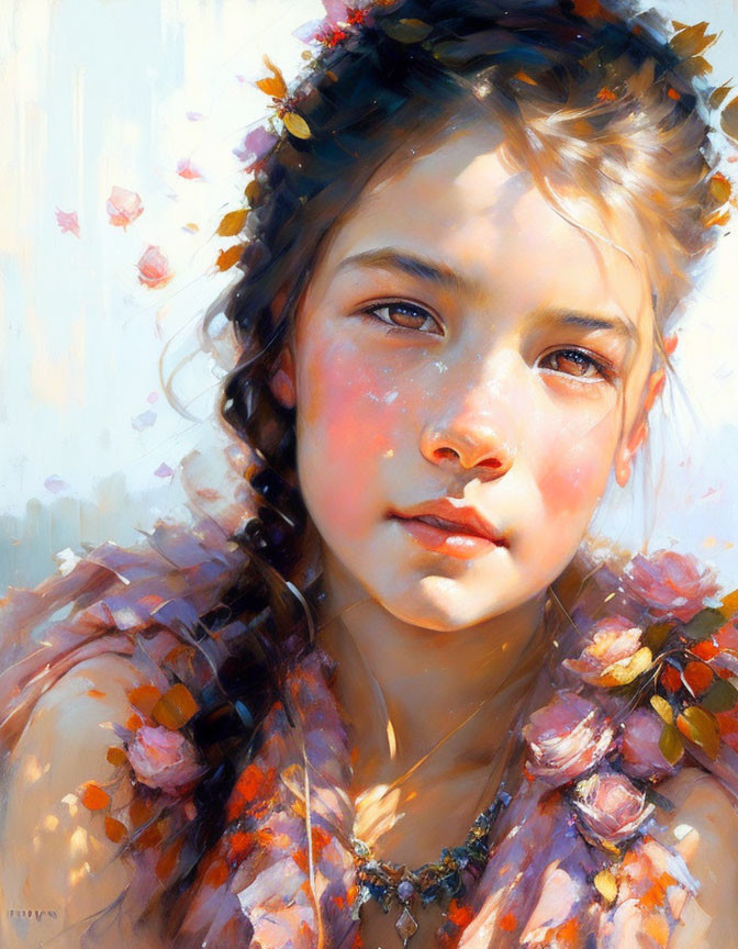 Young girl with floral crown and sunlit hair in contemplative pose