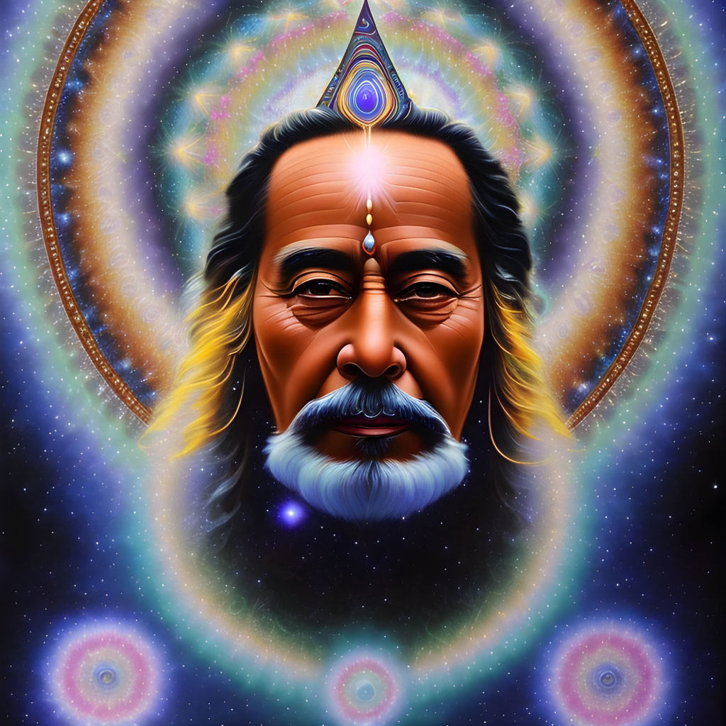 Elder Man with White Beard and Cosmic Symbols Illustration