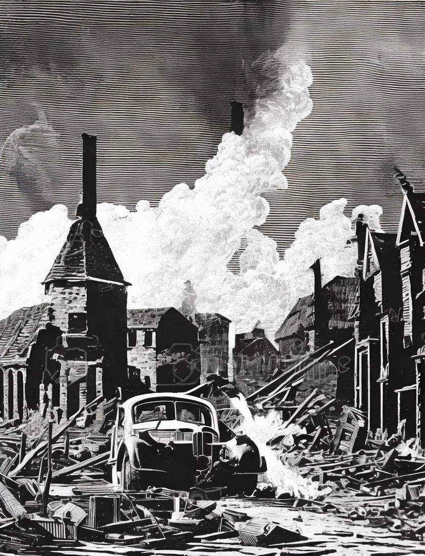 Monochrome illustration of bleak industrial landscape with factory chimneys and vintage car amid ruins