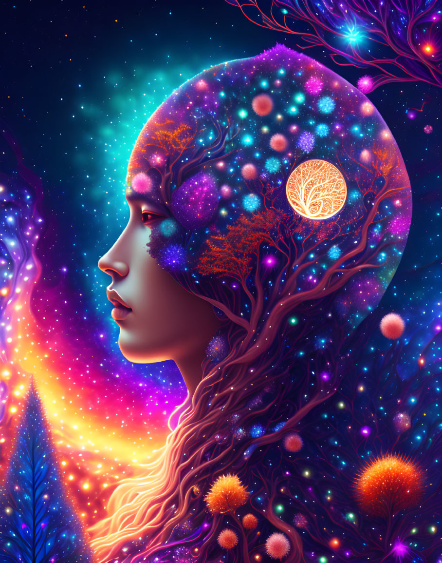 Digital artwork of feminine profile with cosmic tree hair on starry background