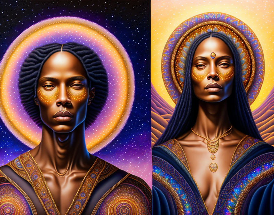 Digital art portraits of ethereal beings with glowing auras, braided hair, ornate attire,