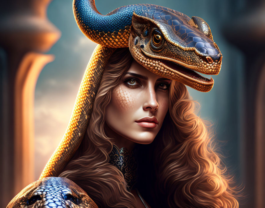 Detailed Digital Artwork: Woman with Snake, Textures, Colors, Fantasy Theme