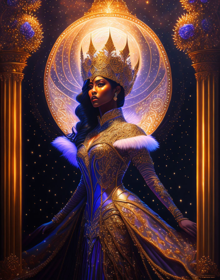 Regal queen in golden gown with crown-like halo in dark, starry aura