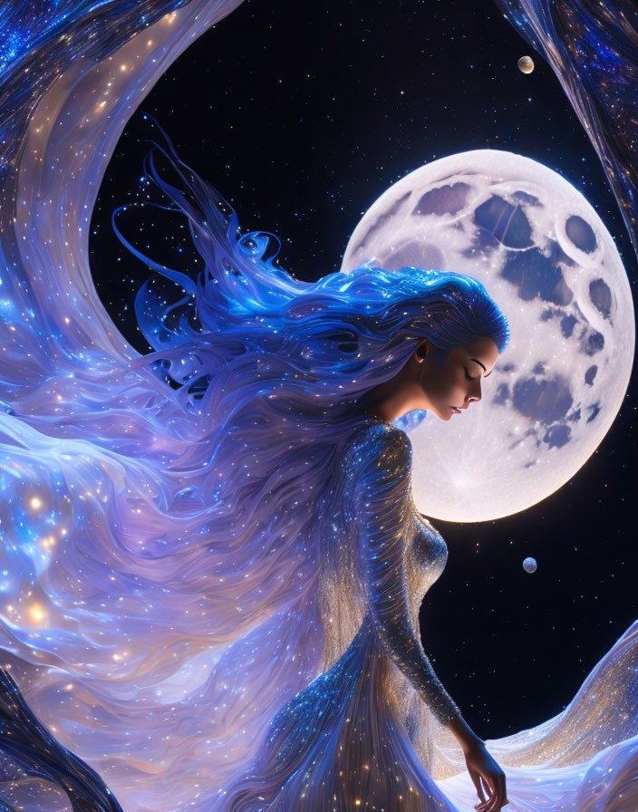 Celestial woman with blue hair and starry gown in cosmic setting