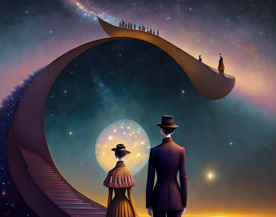 Surreal illustration of people under bridge gazing at crescent moon