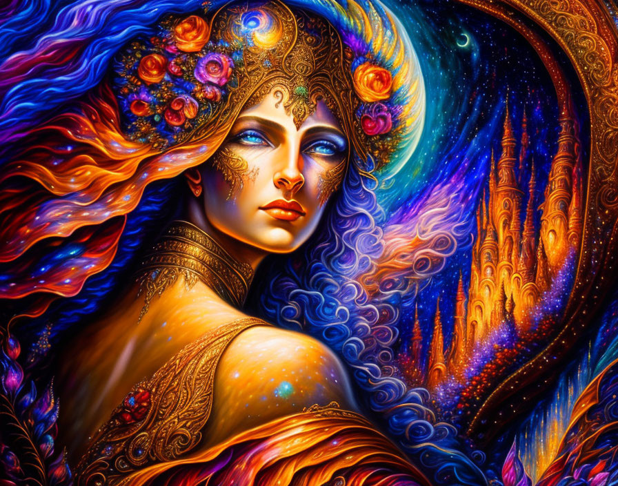 Fantasy artwork of cosmic woman with golden accents in star-filled space